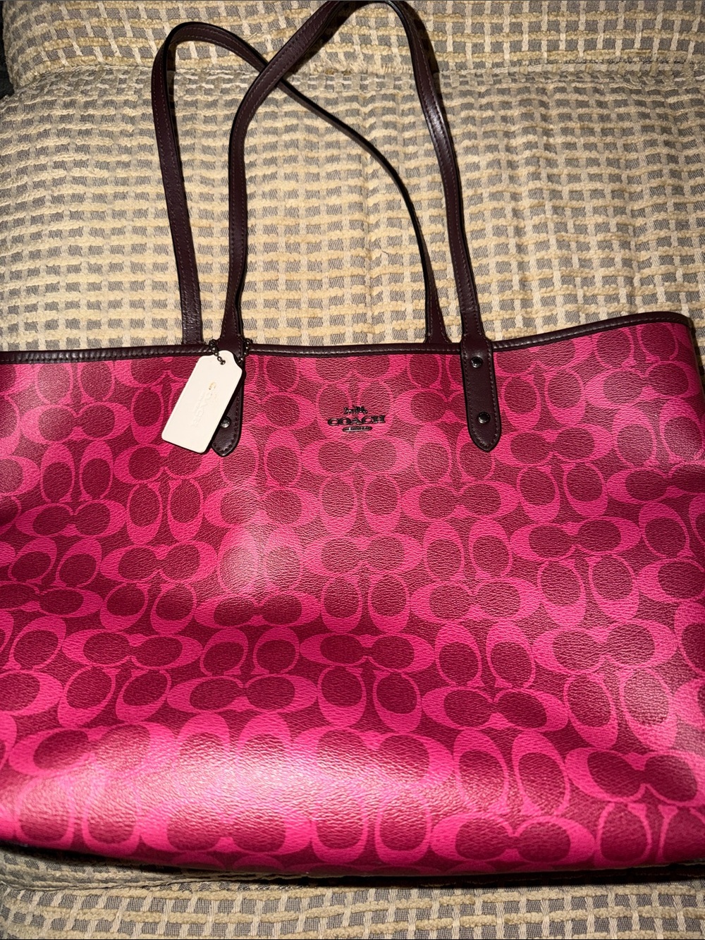 Coach Fuchsia Signature Tote with Dark Brown Straps